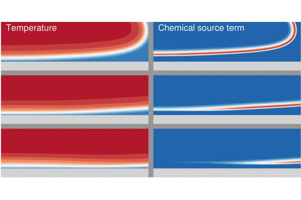 3 timesteps of a 2D simulation showing the impact of a flame onto the piston